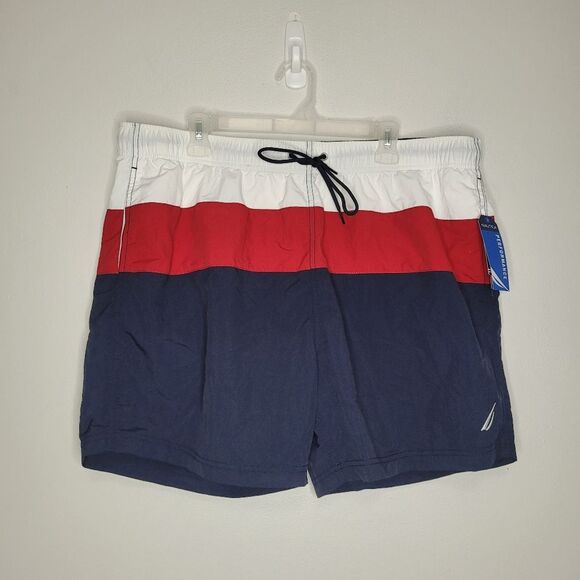 NAUTICA red white blue performance colorblock drawstring swim trunks xxl - Picture 1 of 6